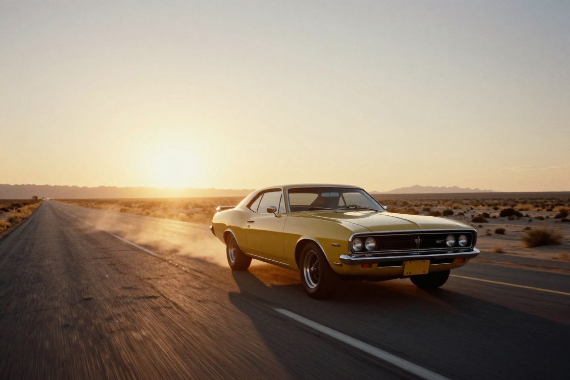 Vintage film style car photography with cinematic sunset lighting created by BananaImg Z-Image model